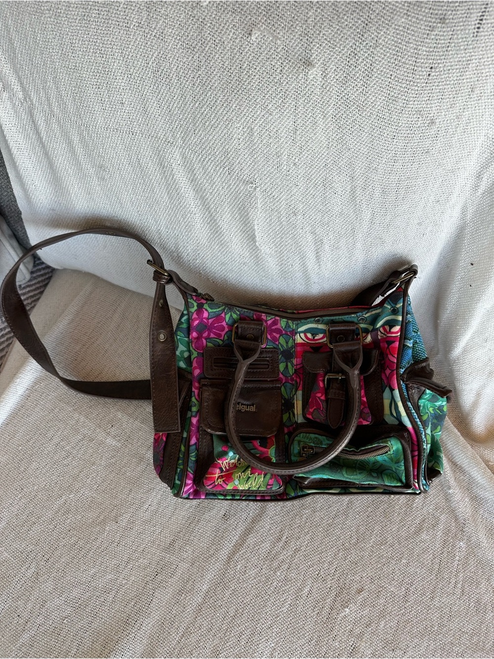 Vintage Desigual Floral Patchwork Shoulder Bag Multi Pocket Boho Satchel Purse - Picture 2 of 15